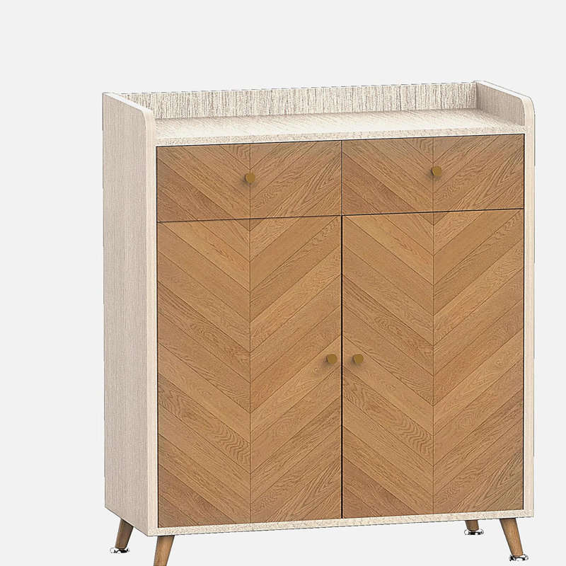 Range-chaussures à 4 niveaux avec 2 tiroirs, armoire à chaussures en bois avec 2 portes et tablettes réglables, Chêne