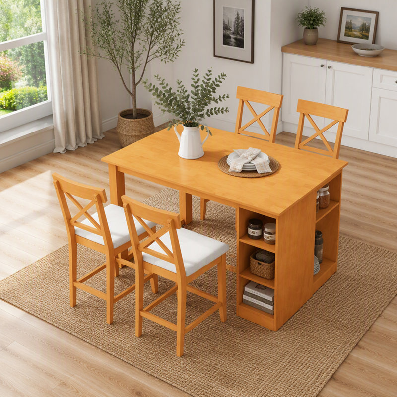 Ensemble de salle à manger de style campagnard 5 pièces avec table en bois massif de 152 cm L x 76 cm l, étagères de rangement à 3 niveaux et 4 chaises rembourrées