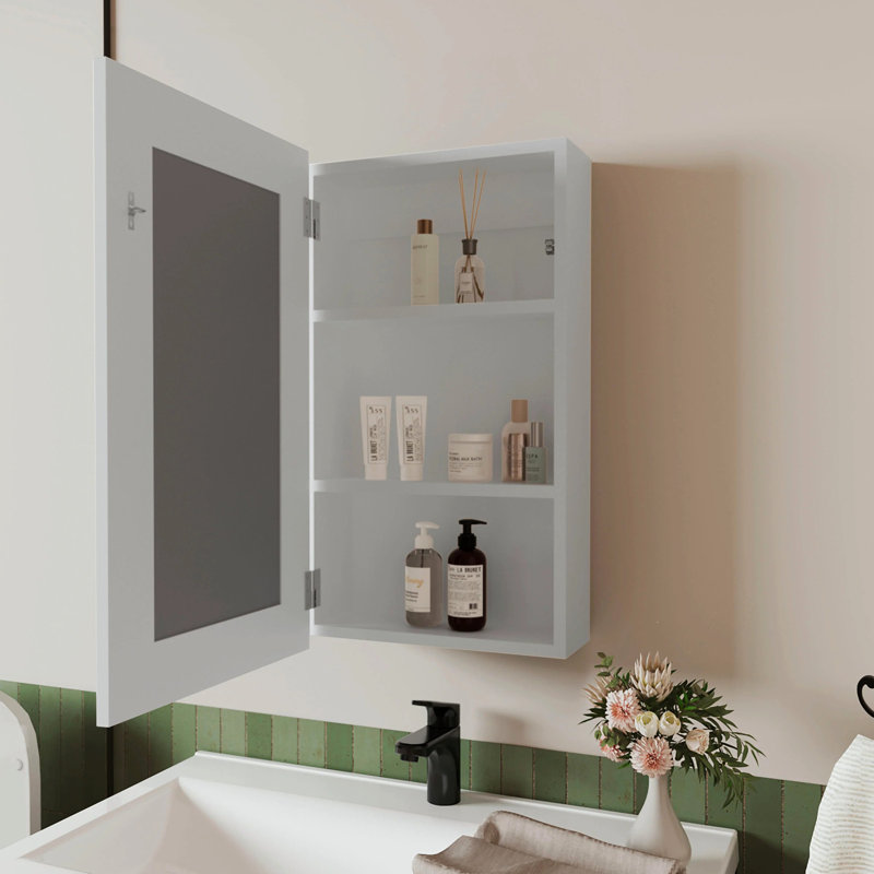 Armoire blanche avec miroir pour la salle de bain, 3 tablettes robustes pour la salle de bain et pratique, Blanc