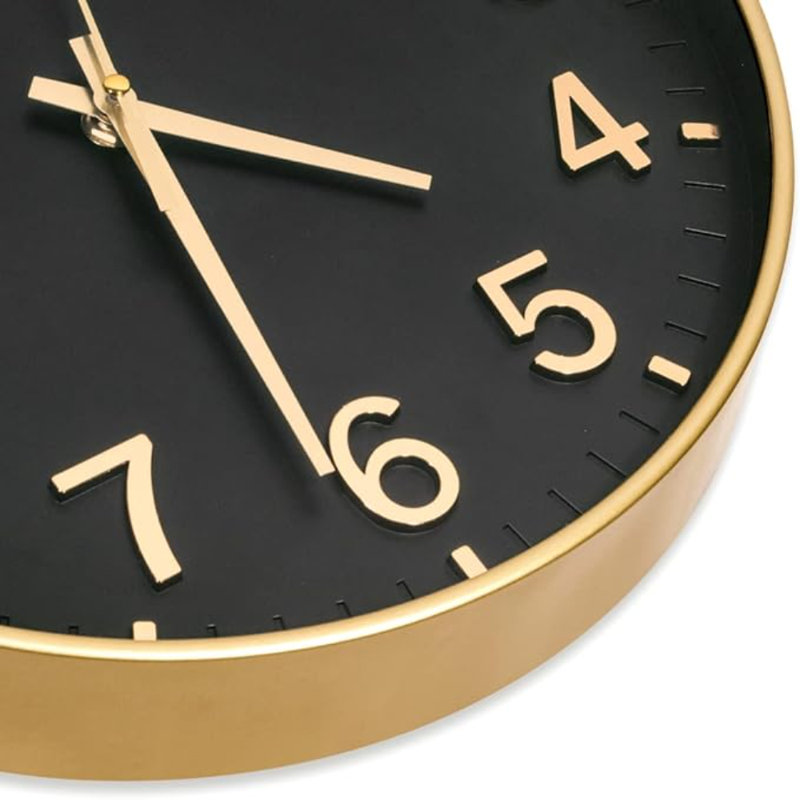 HZDHCLH Horloges murales noires à piles, horloge murale silencieuse 12 po, horloge murale à chiffres 3D pour cuisine, chambre, salon, bureau, salle de classe (noir-or)