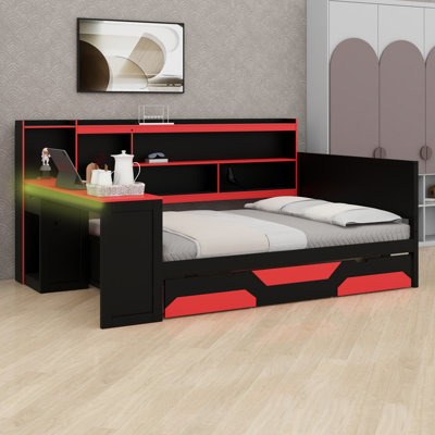 Lit de jour moderne en bois pour jouer avec bureau, lumières, 3 tiroirs, station de charge intégrée et bibliothèque de tête de lit