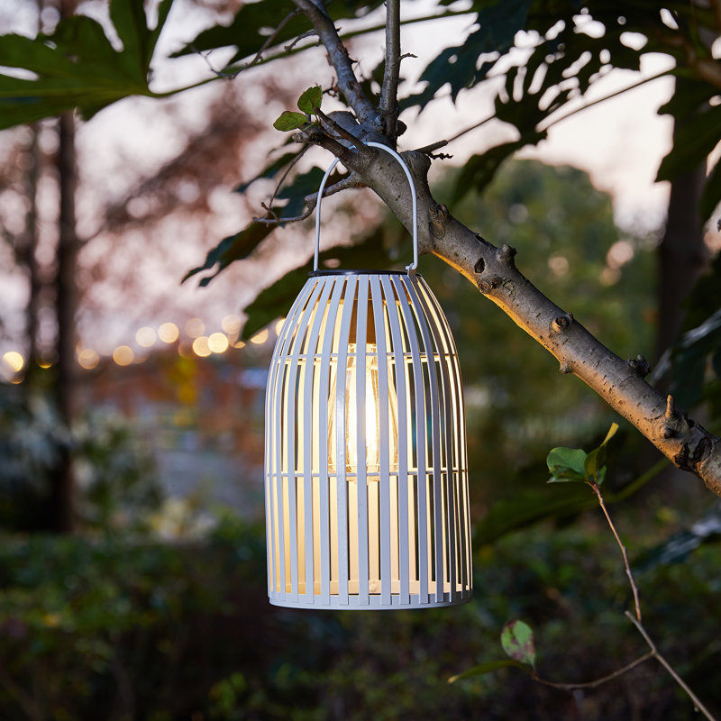 Nyota 9.75" Metal Woven Solar Powered  Outdoor Hanging Lantern, White