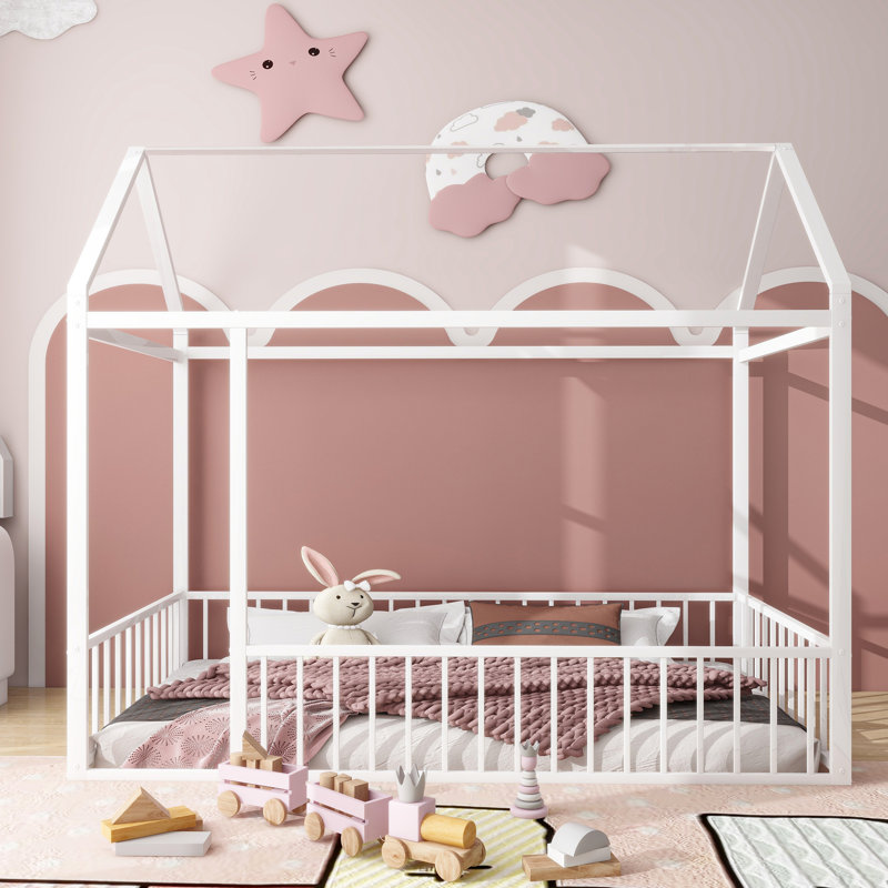White Twin Metal House Bed With Secure Fence Design, Twin, White