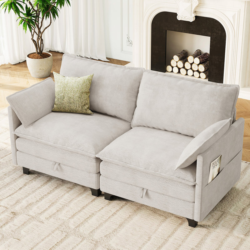 Causeuse moderne en chenille avec mousse durable à haute densité et deux coussins décoratifs, Gris clair