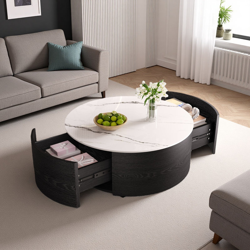 Table basse ronde moderne mobile 29,5 po avec roulettes, 2 tiroirs et plateau en marbre fritté