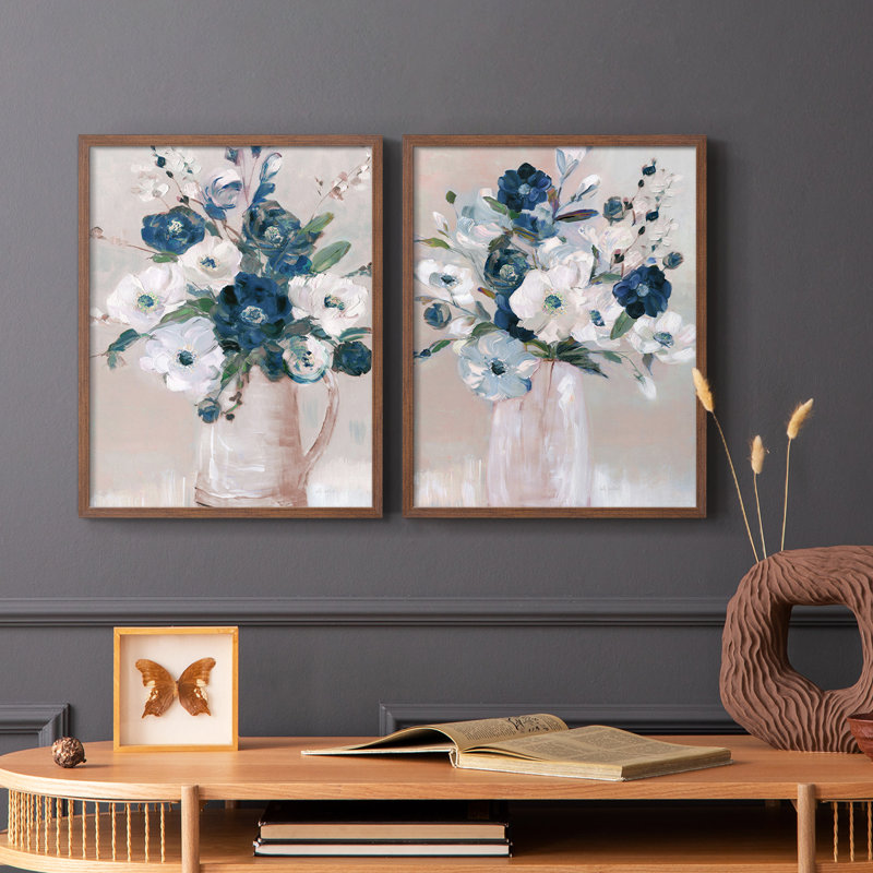 Touch of Teal Arrangement I-Premium, reproduction encadrée prête à accrocher - aucun clou requis - aucun clou requis, Noyer