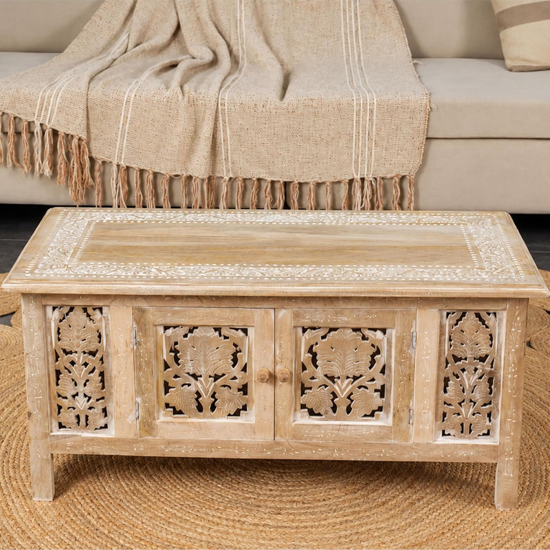 Coffee Table in Solid Wood With Hand Carving 36x18"_White wash Rectangular