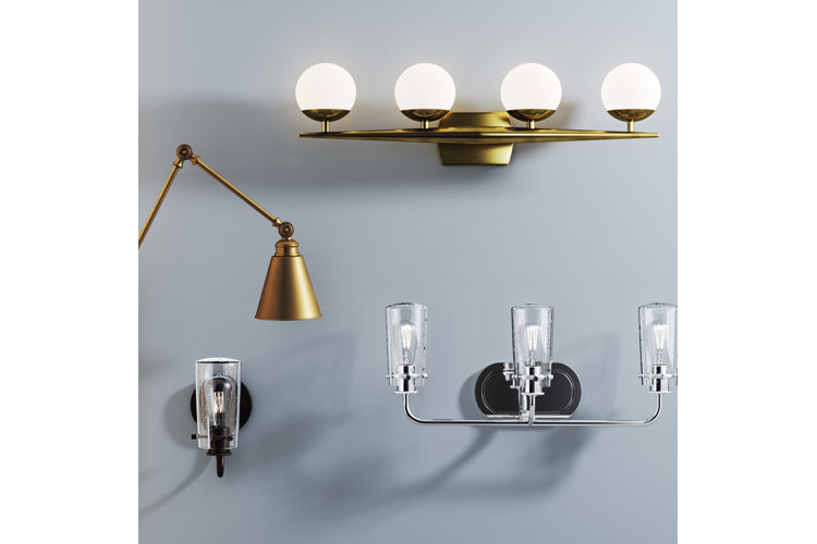 blue wall displaying different types of sconces and wall lights including brass and chrome vanity lighting, and armed and swing-arm wall sconces.