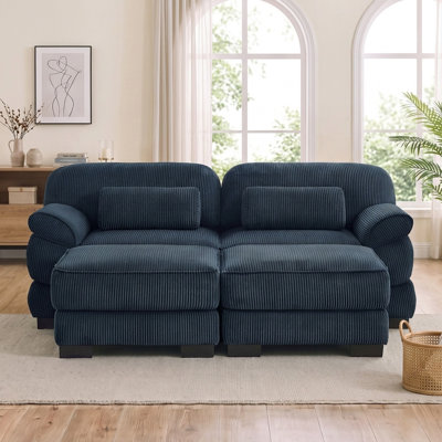76" Cloud Couch U-Shaped Modular Sectional Sofa with Two Ottomans and Blue Corduroy Fabric