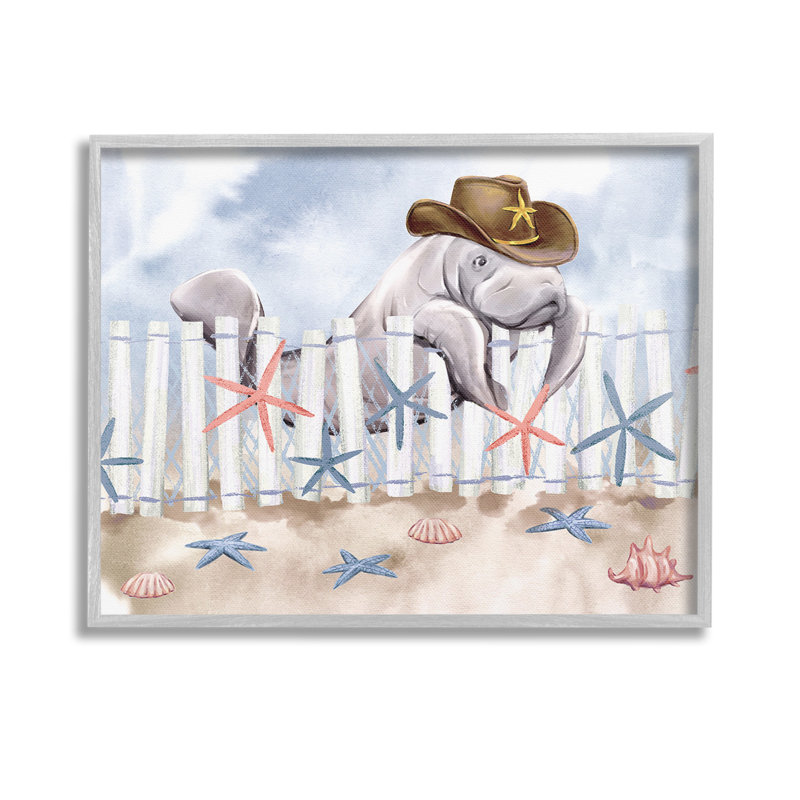 Lamantin en chapeau de cowboy, estampe numérique encadrée par Ziwei Li, H 24 po x l 30 po, Giclée encadrée blanc bord de mer