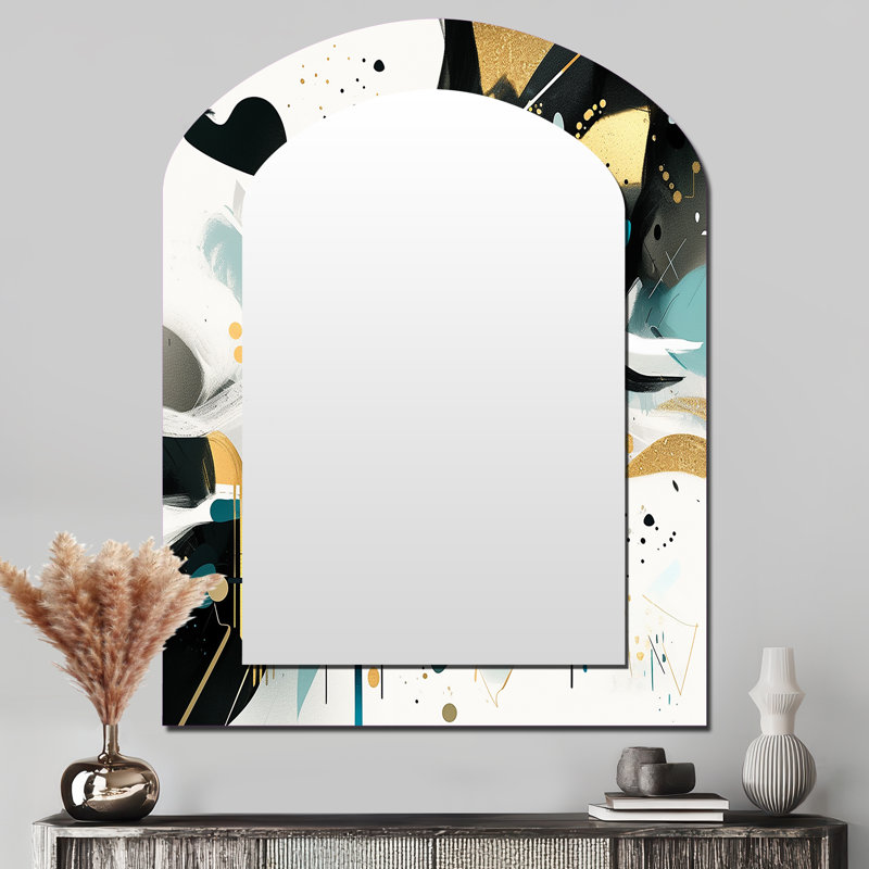 Teal Gold Cubist Kaleidoscope III - Cubism Asymmetrical Mirror, Teal Arch Decorative Wall Mirror, Printed Metal Art