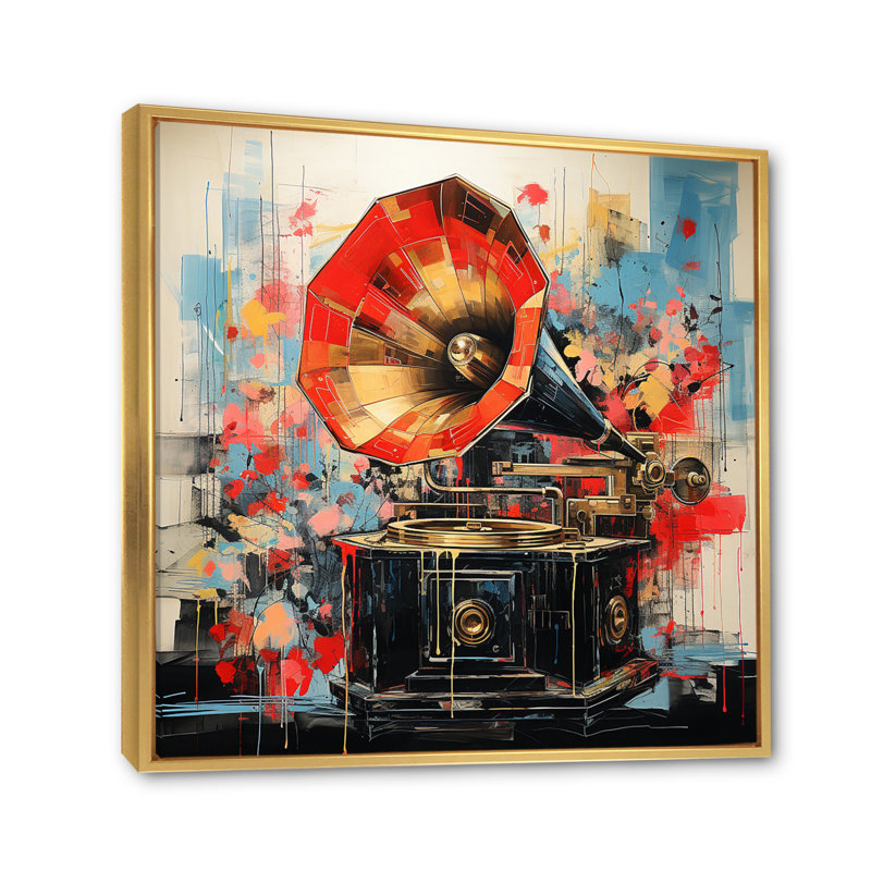 «Red Blue Phonograph Collage», reproduction, Cadre flottant doré, H 30 po x l 30 po x P 1 po