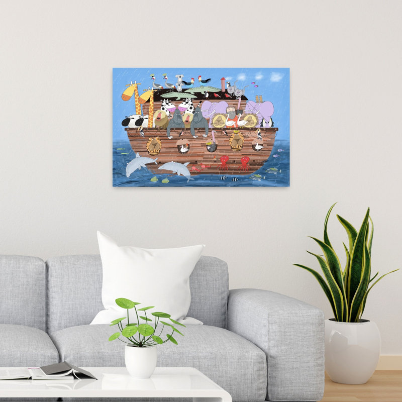 L'aventure de l'Arche de Noé - Affiche murale abstraite contemporaine représentant un oiseau, une vache, un crabe et la faune marine