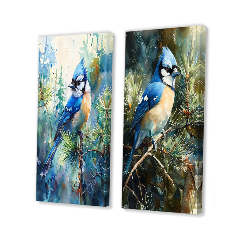 «Blue Jay parmi les pins III», art mural 2 pièces, Toile tendue, H 40 po x l 41 po