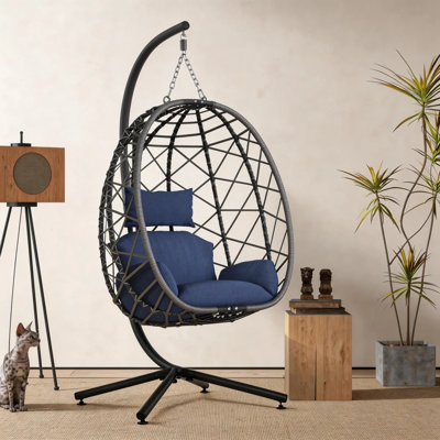 Ecolounge Modern Freestanding Woven Rattan & Fabric Egg Swing Chair with Stand, 400 lb Capacity