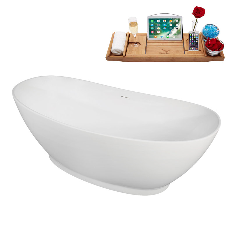67" Streamline Soaking Freestanding Tub and Tray With Internal Drain, Polished Gold