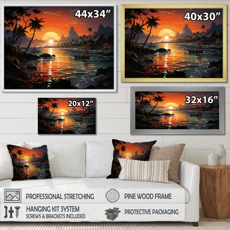 «Vintage Tropical Coastline Paradise V», art mural bord de mer tropical, Cadre de coin argenté fermé