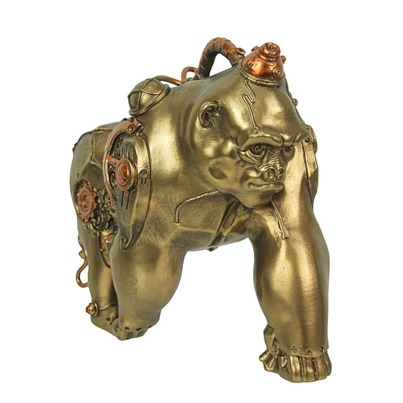 Industrial steampunk resin gorilla sculpture with bronze finish, copper, brass and gold accents — 11'' L x 5'' W x 8'' H