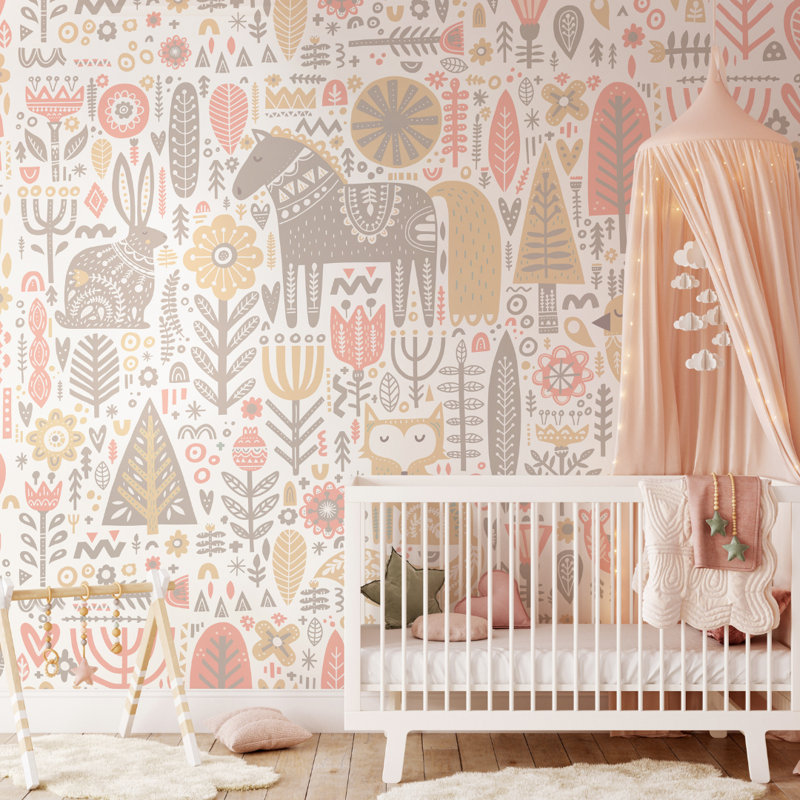 Scandi Forest Animals - Wall Mural, Blush Pink, 280cm L x 350cm W 