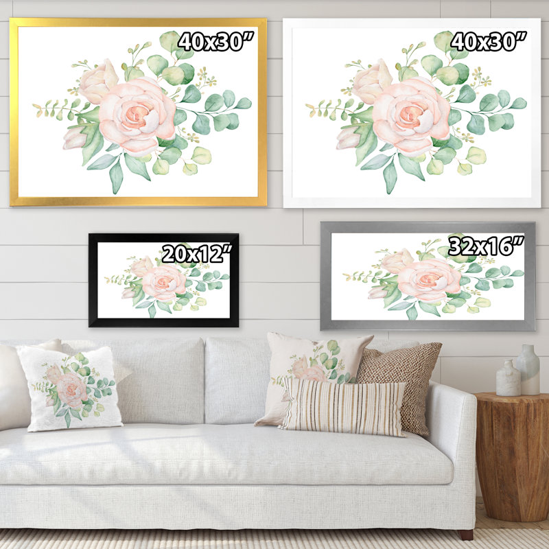 Bouquet de fleurs de rose et d'eucalyptus - Peinture sur toile, H 24 po x l 32 po x P 1 po, Cadre noir