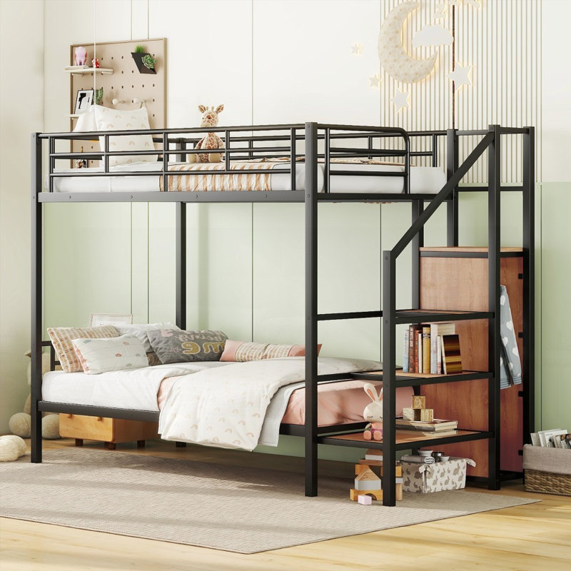 Lit superposé simple en métal avec rangement latéral - L 92,7 po x l 41 po x H 67 po, pas de sommier nécessaire, support solide