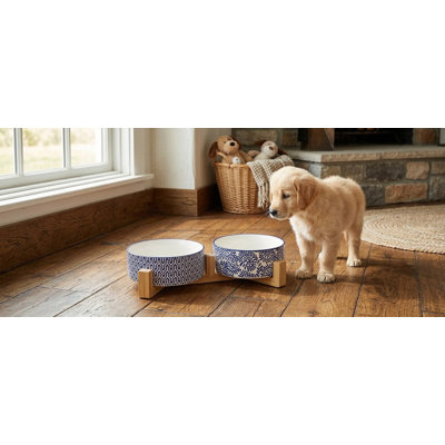 14OZ Ceramic Dog Bowl Set with Wooden Stand, Anti-Slip, Weighted, Vintage Blue, for Cats & Small Dogs