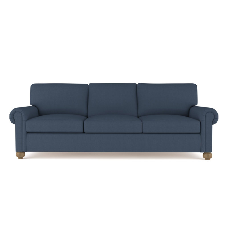 Leroy Rolled Panel-Arm Sofa with Bun Feet, Weathered, 36" H x 96" W x 49" D, Box Weave Linen Bluebell