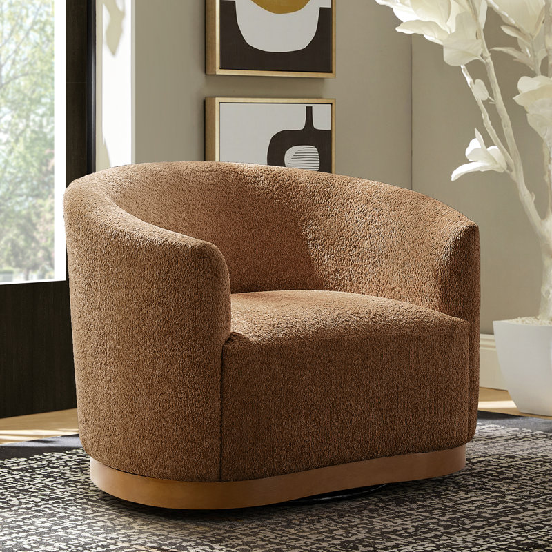 Berklie 31.5"W Modern Boucle Chenille Swivel Barrel Armchair with Ergonomic Backrest and Solid Wood Legs, Caramel