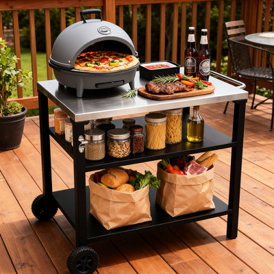 Chariot de barbecue extérieur à 3 niveaux avec plateau en acier inoxydable, table de préparation de barbecue mobile sur roulettes, barre de service pour la terrasse et la cour arrière, support de four à pizza en noir, construction, grand rangement, stable