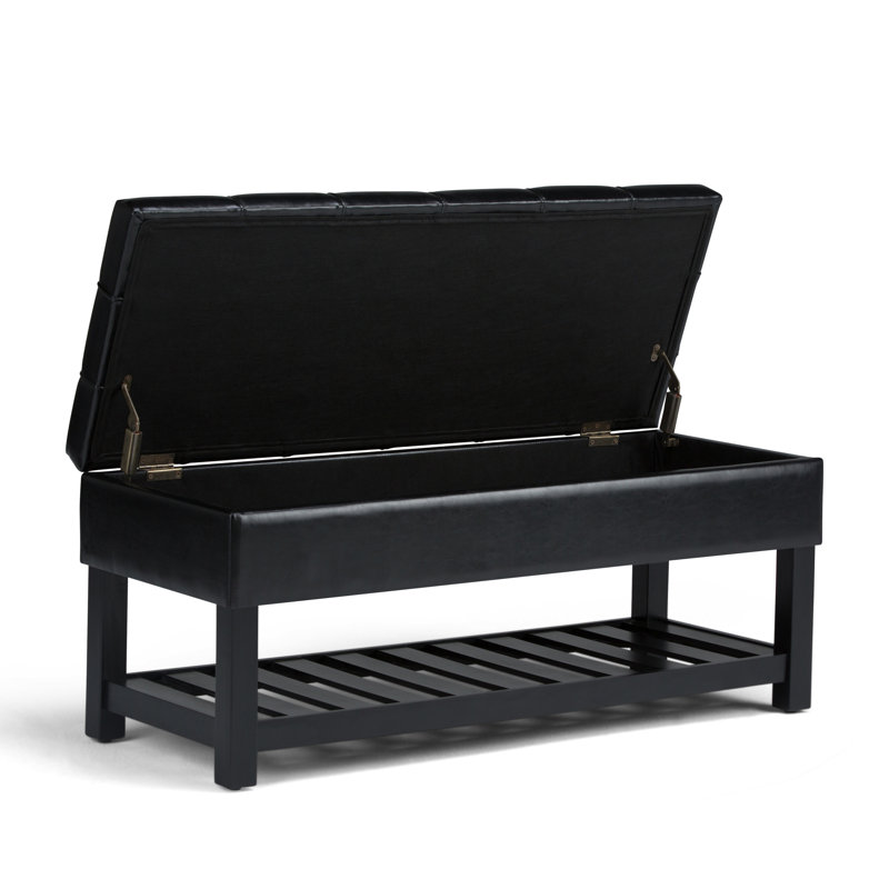 Banc de rangement avec repose-pieds capitonné en cuir végétalien avec tablette relevable et tablette inférieure ouverte