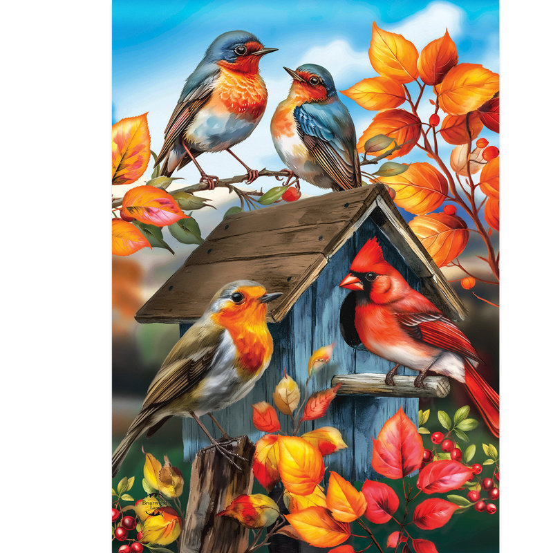 Drapeau de jardin d'automne, Oiseaux oranges/bleus/rouges