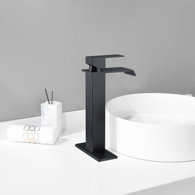 Single Handle Waterfall Bathroom Vessel Sink Faucet With Pop-up Drain, Matte Black