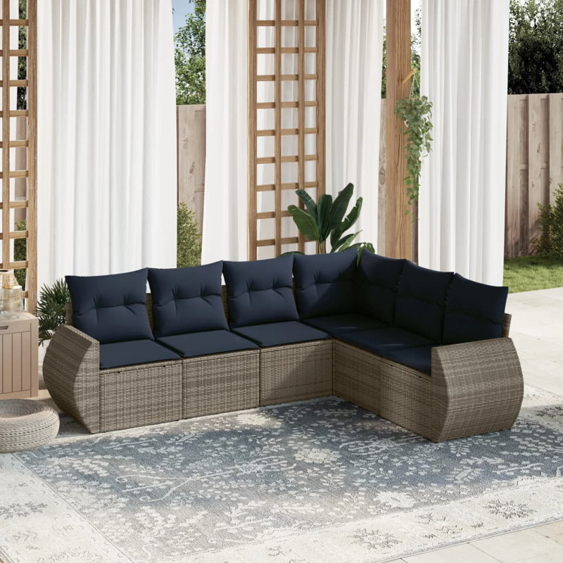 7 Piece Patio Sofa Set With Cushions Black Poly Rattan, Navy Blue Cushion/Gray Frame