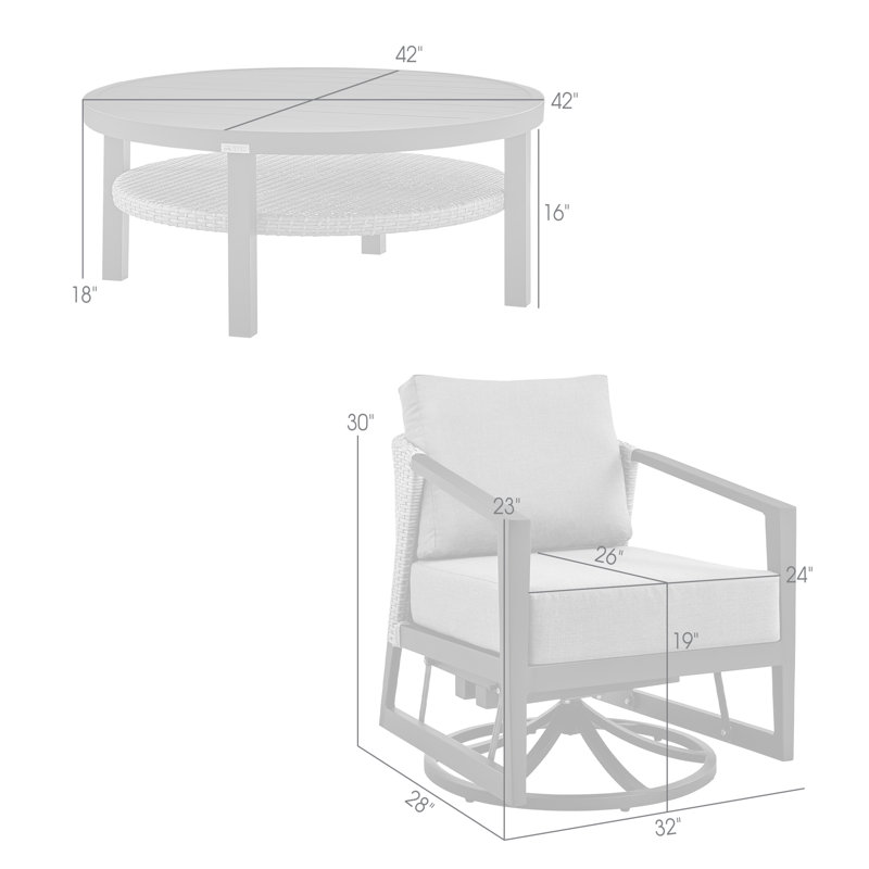Ensemble de conversation d'extérieur pivotant 3 pièces Abalone en aluminium noir avec osier gris et coussins