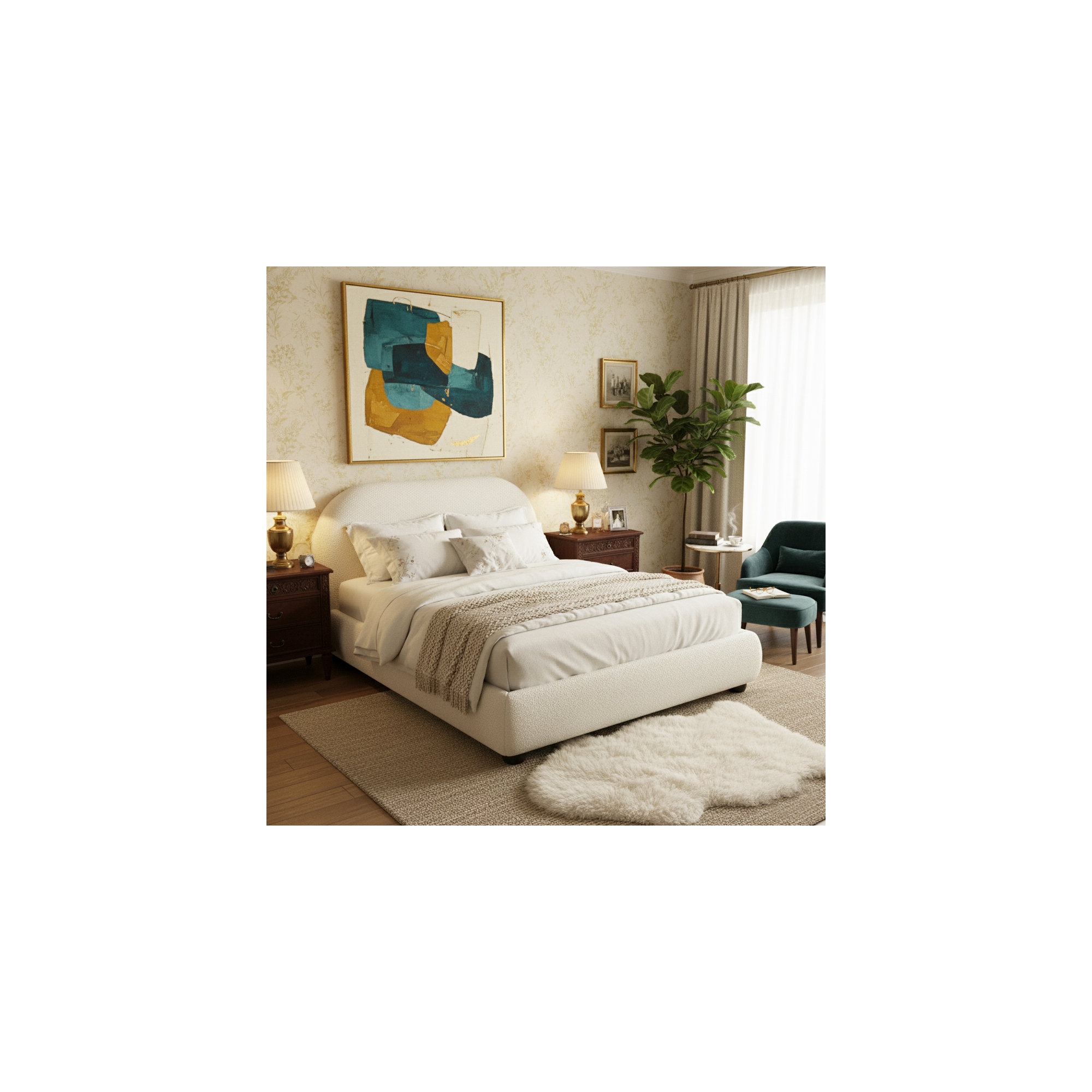 Tesso Upholstered Bed , Cream, Queen