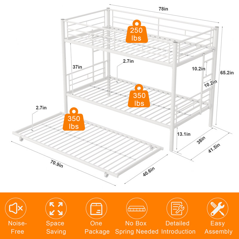 Aafke Twin-Over-Twin Bunk Bed with Trundle,Metal Trundle- W/Safety Rail and Ladder, Beige