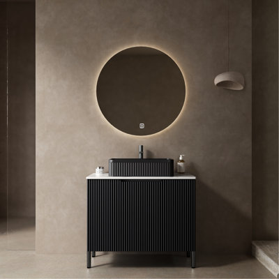 Meuble-lavabo de 30 po, lavabo en céramique noire, comptoir en pierre frittée blanche, rangement autoportant, meuble-lavabo de style scandinave moderne, lavabo et armoire à rayures françaises, fermeture en douceur, panneau de particules