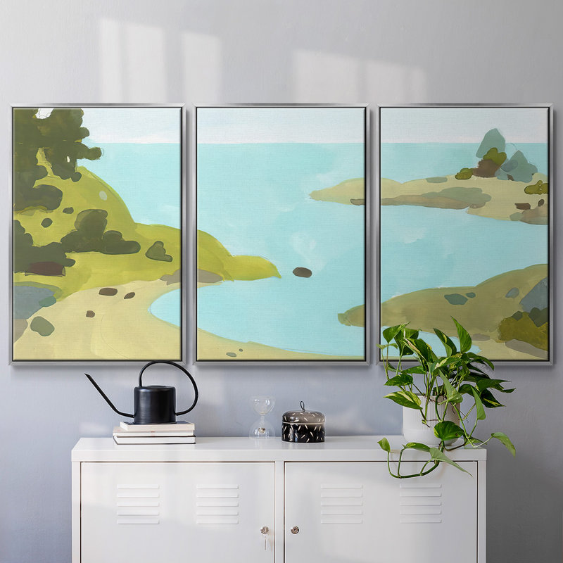 «Coastal Inlet IV», peinture sur toile 3 pièces, H 40 po x l 78 po, Encadrement argenté