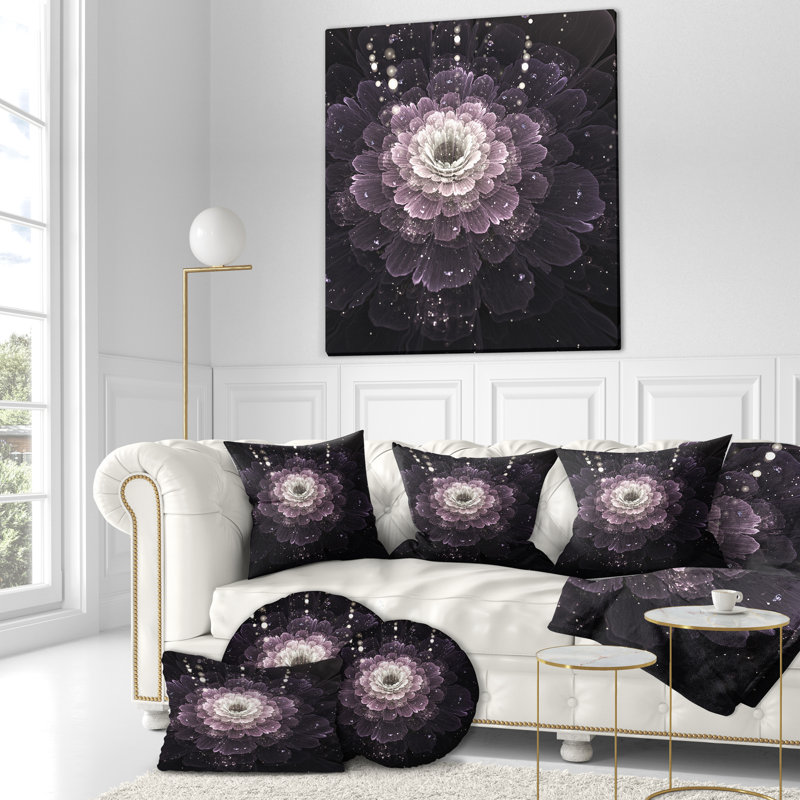 Fleur noire avec détails argentés - coussin à imprimé floral, 16 po x 1 po, Coussin décoratif