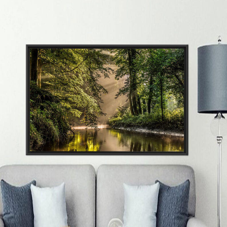 Impression sur toile personnalisée paysage forestier et rivière - cadeau idéal pour bébé et décor vert, H 41 po x l 94 po
