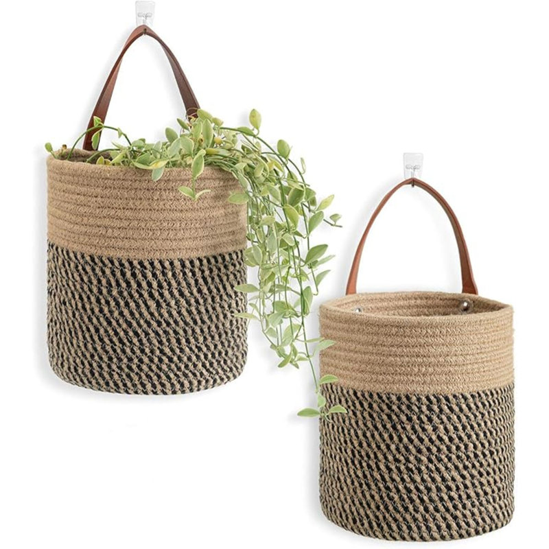 2Pack Jute Rope Hanging Basket - 7.87" X 7" Small Woven Fern Wall Hanging Basket Flower Plants, Woven Storage, Black And Jute