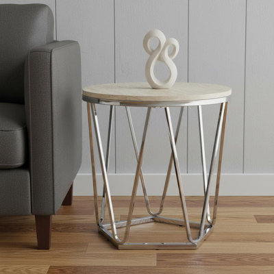 Table de bout ronde transitionnelle en bois et fer argenté 23 po