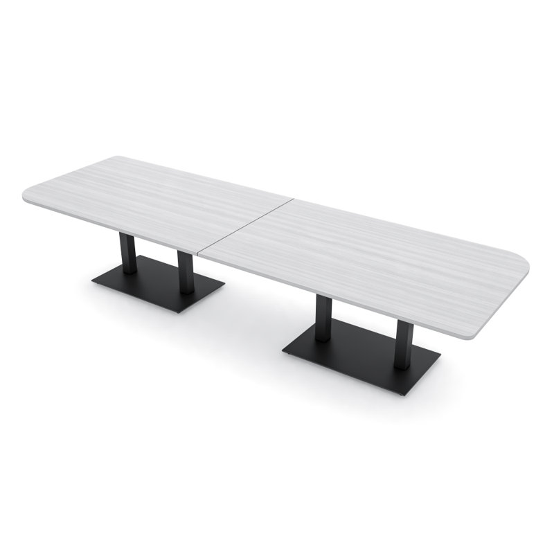 Table de conférence en forme de duo avec double base en métal, L 120 po x l 48 po, Cyprès blanc, Noir mat