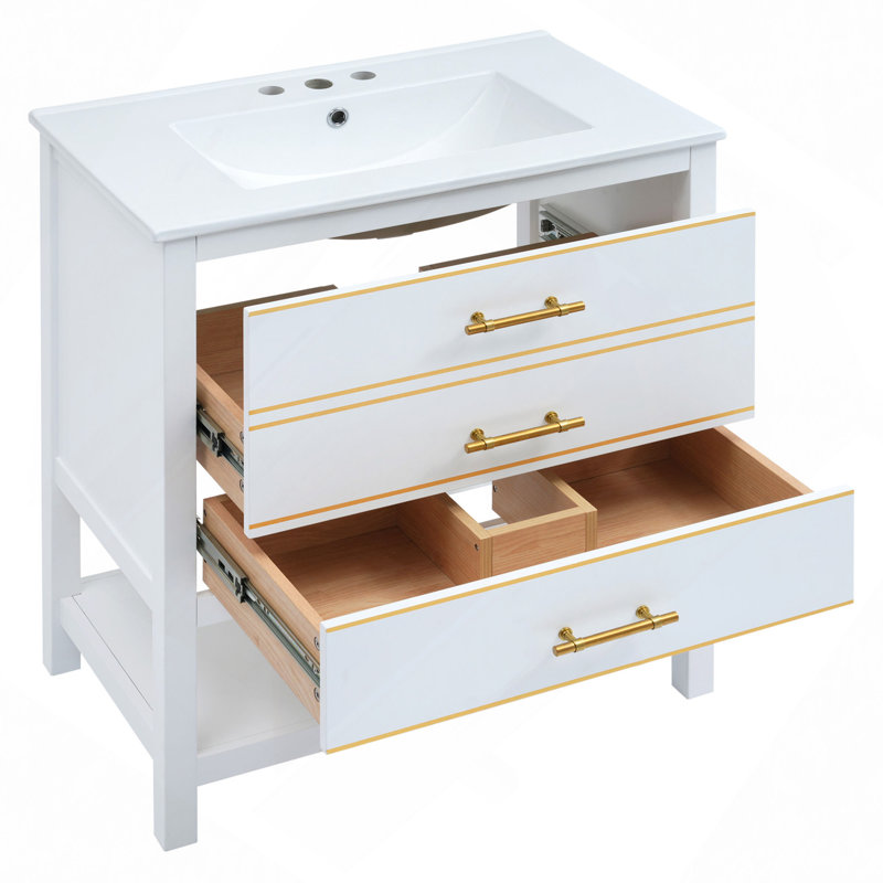 Armoire de meuble-lavabo moderne 30 pouces bleu marine / blanc avec deux tiroirs ouverts