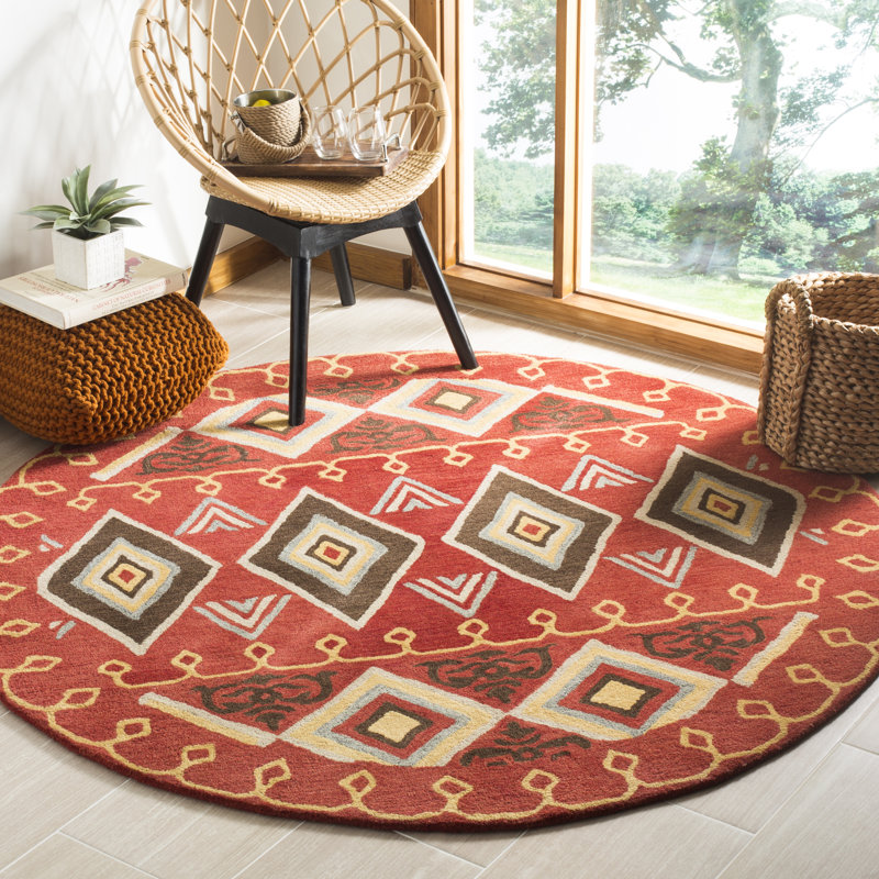 Tapis décoratif rouge / multicolore en laine touffeté à la main à motif géométrique Boyd, Rond 6 pi