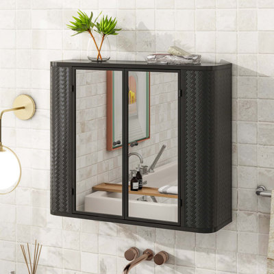 Wall-Mounted Bathroom Cabinet With Mirror, 2 Mirrored Doors & Open Shelf, Farmhouse Metal Frame Storage Cabinet With Open Compartment For Vanity