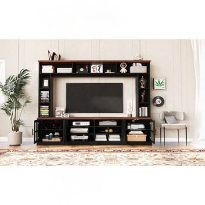 Meuble audio-vidéo l 95,5 po avec bibliothèque pour téléviseur de 80 po ou moins, meuble télé moderne avec armoires, portes en verre trempé et tablettes réglables pour le salon