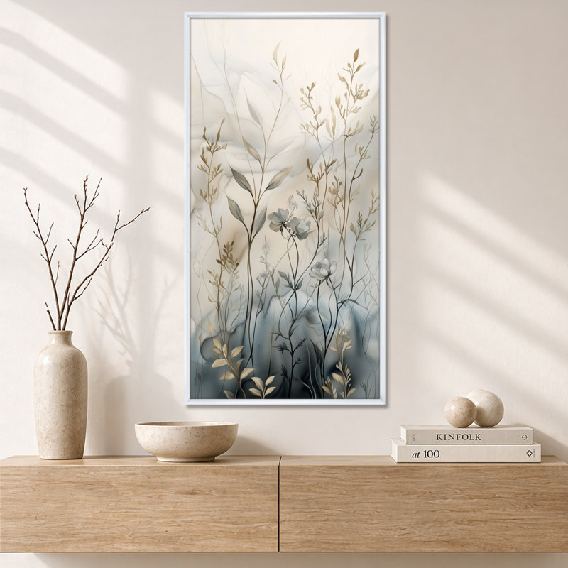 Green Grey Alexio II - art botanique encadré vert, impressions sur toile, H 32 po x l 16 po, Cadre flottant blanc