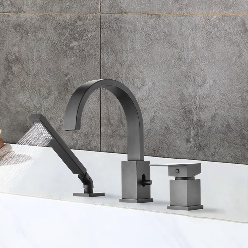 Matte Black Deck Mounted Tub Filler With Waterfall Spout - 3 Roman Faucet. Hand Shower Included, 2.16" Max Thickness Bathtub Faucet Mount. Filler, Brass Construction, 7.87" Reach