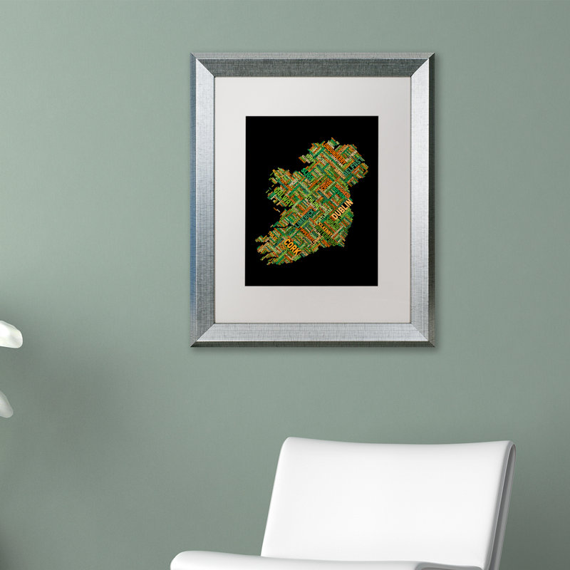 « ireland city text map », impression encadrée, H 20 po x l 16 po x P 0,5 po, Noir, Cadre argenté